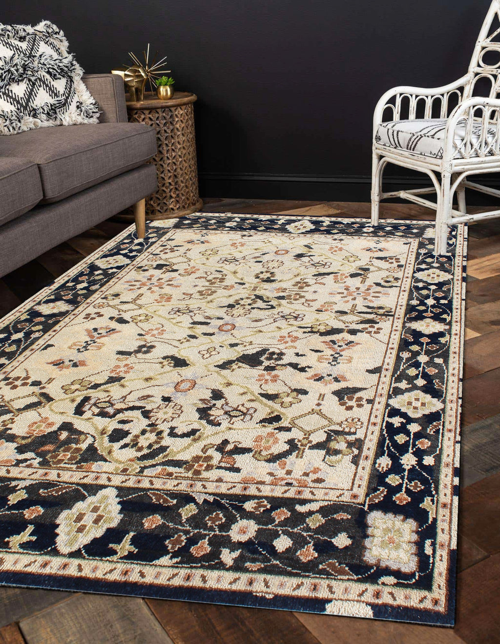 8x10 Hand-Knotted Wool Rug | Vintage Beige & Black Oushak Design