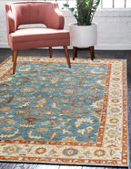 8x10 Hand-Knotted Wool Oushak Rug | Serapi-Inspired Blue & Ivory