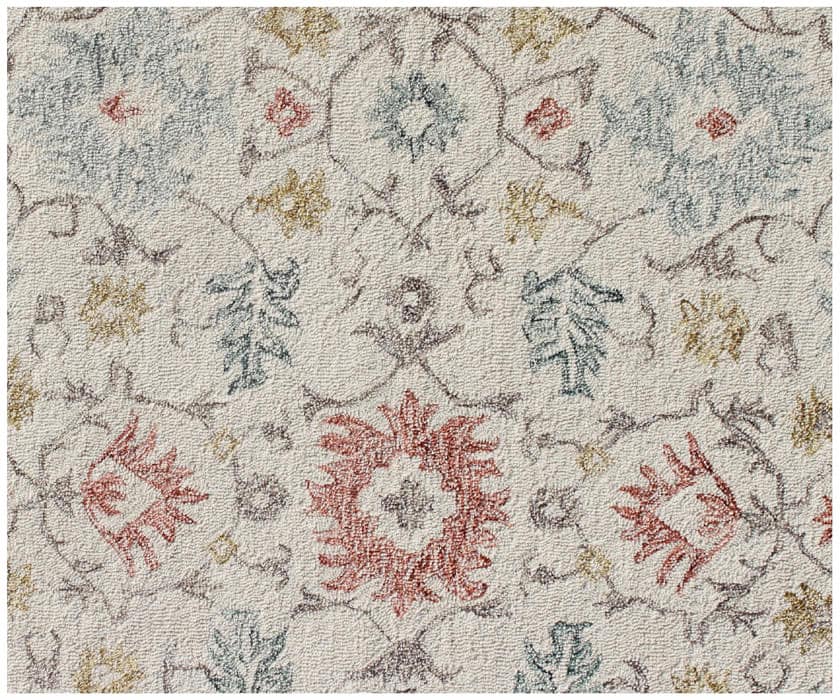 Hand Tufted Ivory Blue Wool Rug, Floral Looped Pile, Minimalist Design