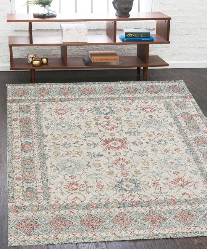 Hand Tufted Ivory Blue Wool Rug, Floral Looped Pile, Minimalist Design