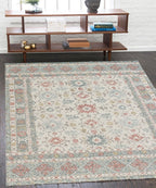 Hand Tufted Ivory Blue Wool Rug, Floral Looped Pile, Minimalist Design