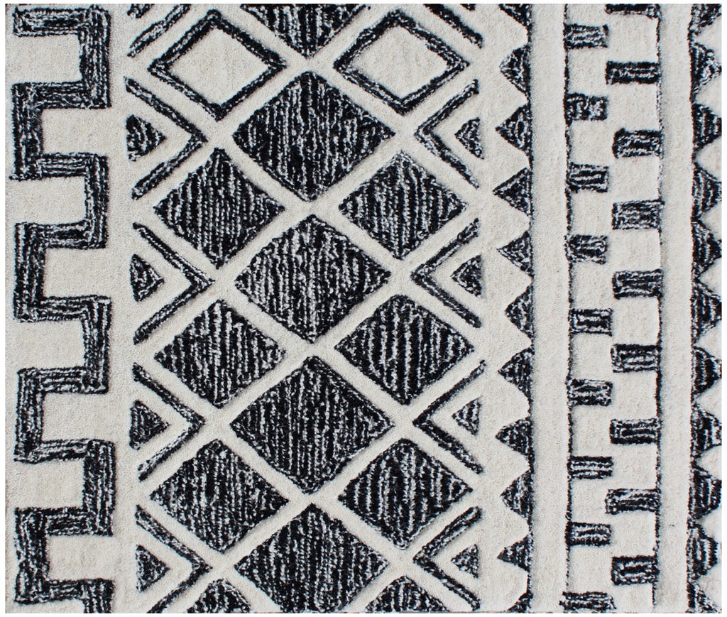 5x8 ft Hand-Tufted Geometric Tribal Rug | Ivory & Charcoal Grey