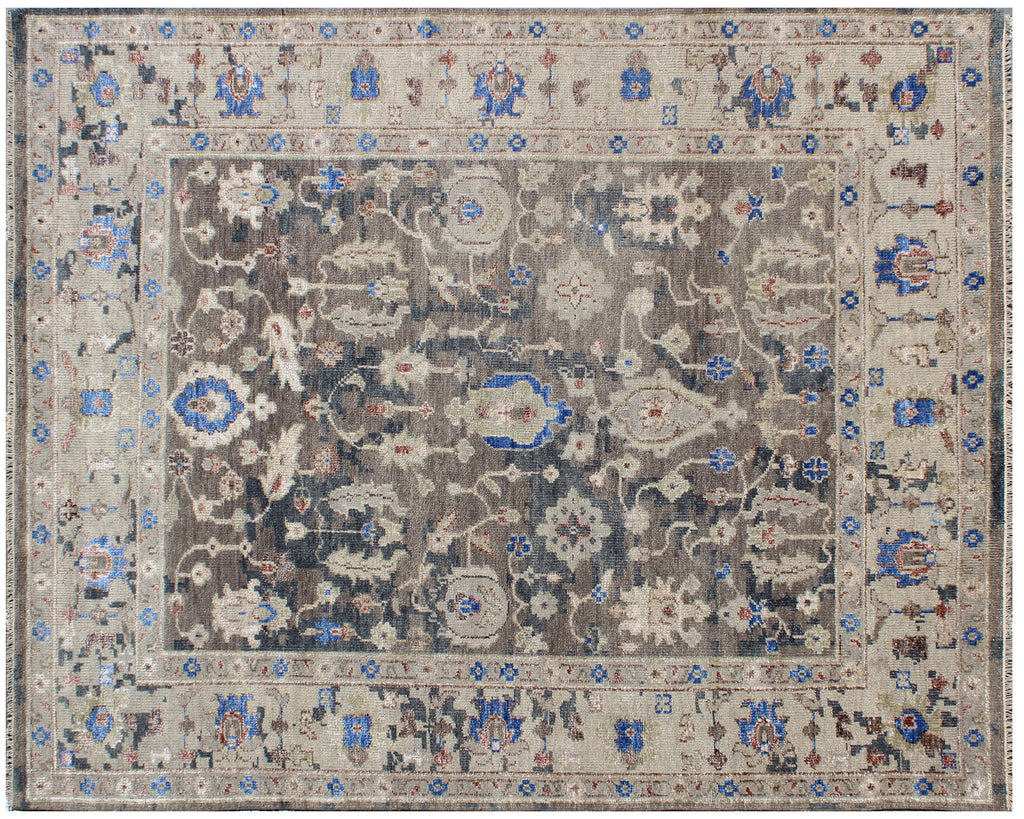 8X10 ft Hand Knotted Gray Beige Traditional Pattern Wool and Viscose Rug for living room