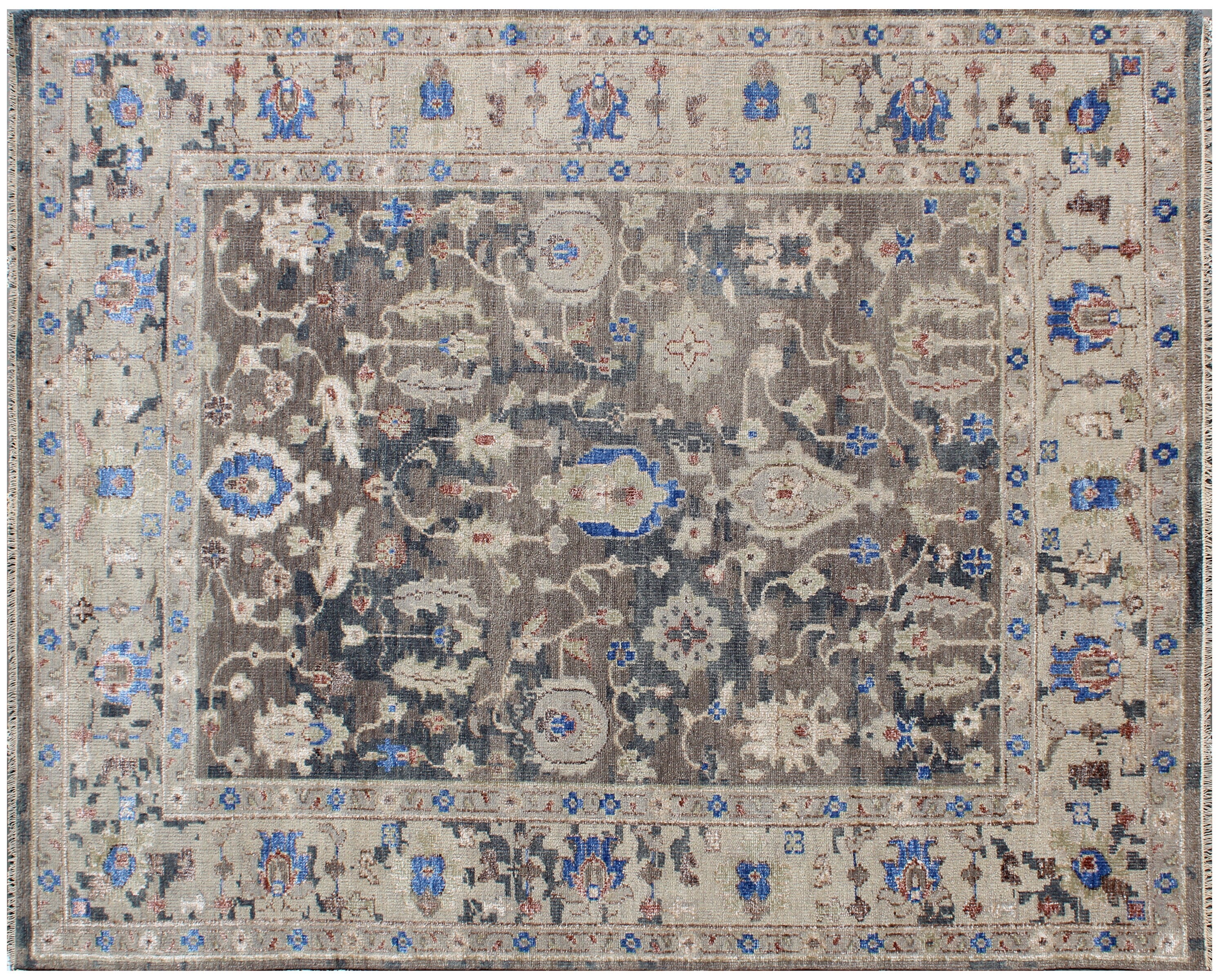 8X10 ft Hand Knotted Gray Beige Traditional Pattern Wool and Viscose Rug for living room