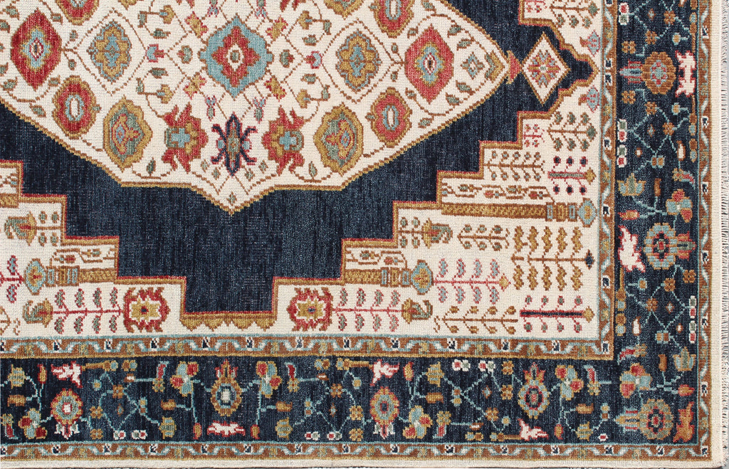 8x10 ft Hand-Knotted Blue & Cream Transitional Medallion Wool Rug