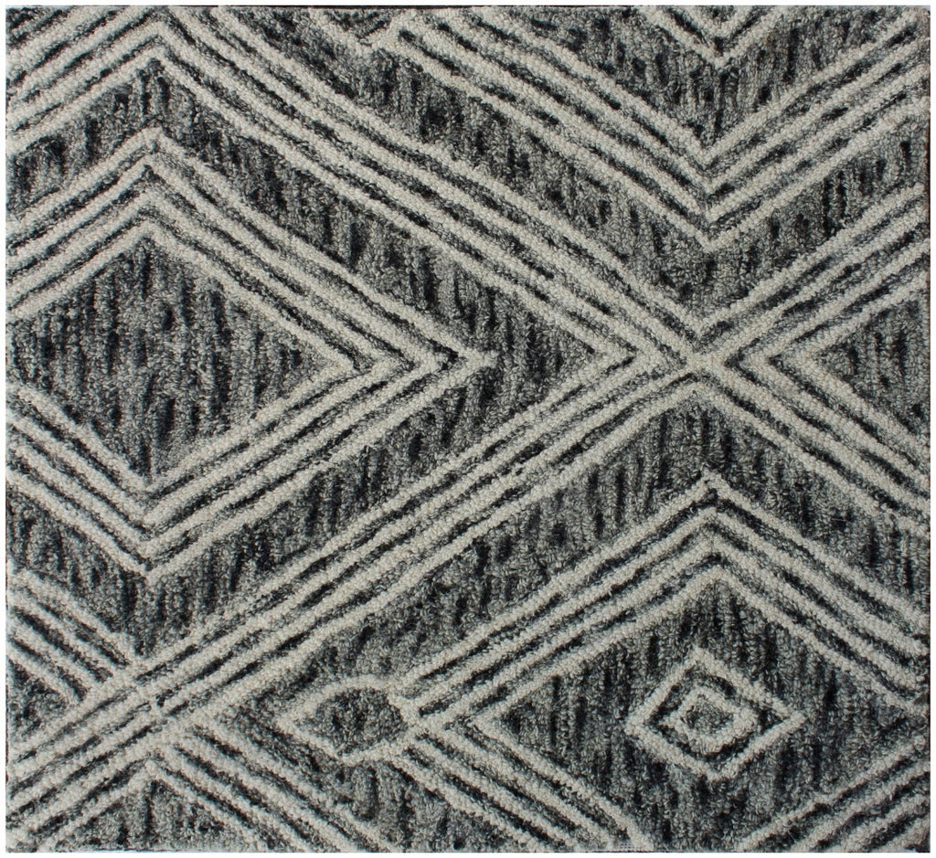 Hand Tufted Wool Rug, Charcoal Ivory Geometric Looped Pile