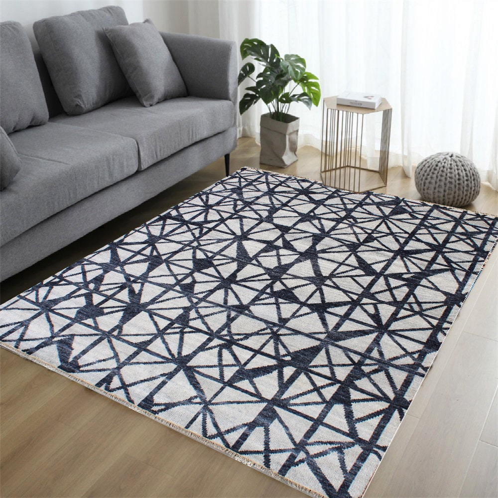 Hand Knotted Wool Blend Rug, Gray Charcoal Geometric Pattern, 8x10