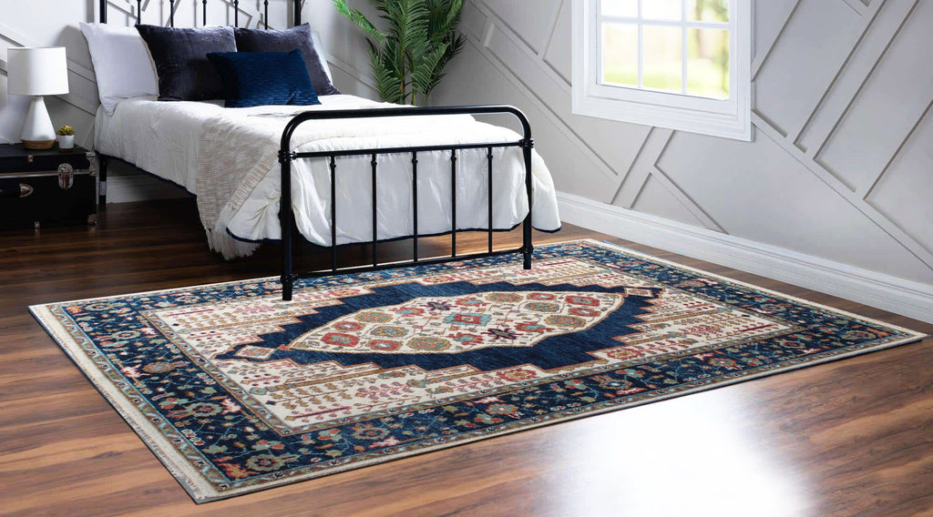 8x10 ft Hand-Knotted Blue & Cream Transitional Medallion Wool Rug
