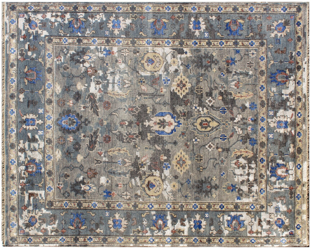 Hand Knotted 8x10 Wool and Bamboo Silk Rug, Gray Blue Transitional Design