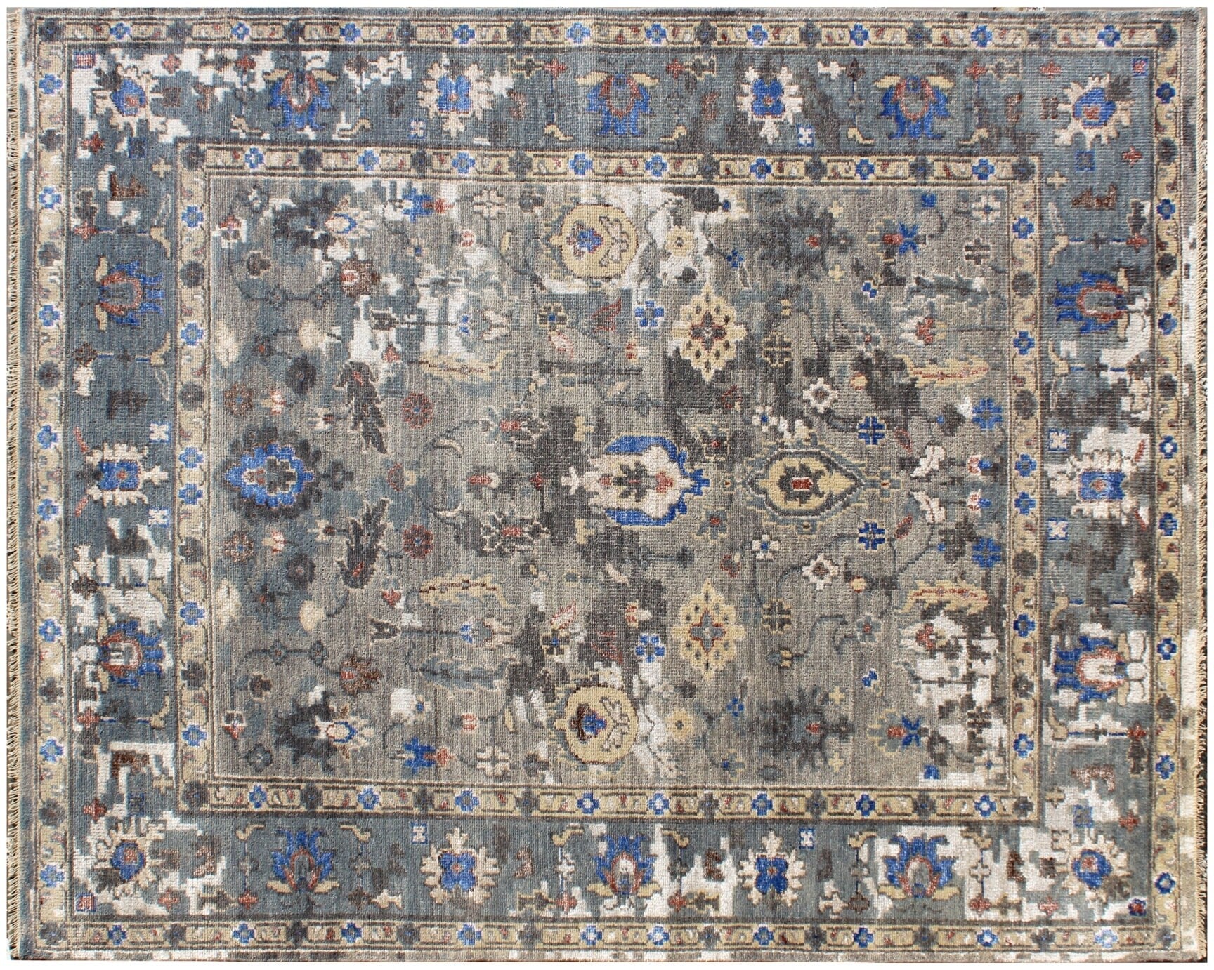 Hand Knotted 8x10 Wool and Bamboo Silk Rug, Gray Blue Transitional Design