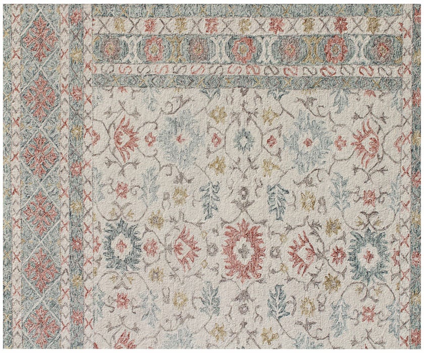 Hand Tufted Ivory Blue Wool Rug, Floral Looped Pile, Minimalist Design
