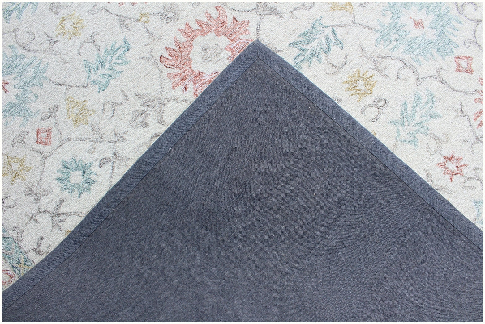 Hand Tufted Ivory Blue Wool Rug, Floral Looped Pile, Minimalist Design