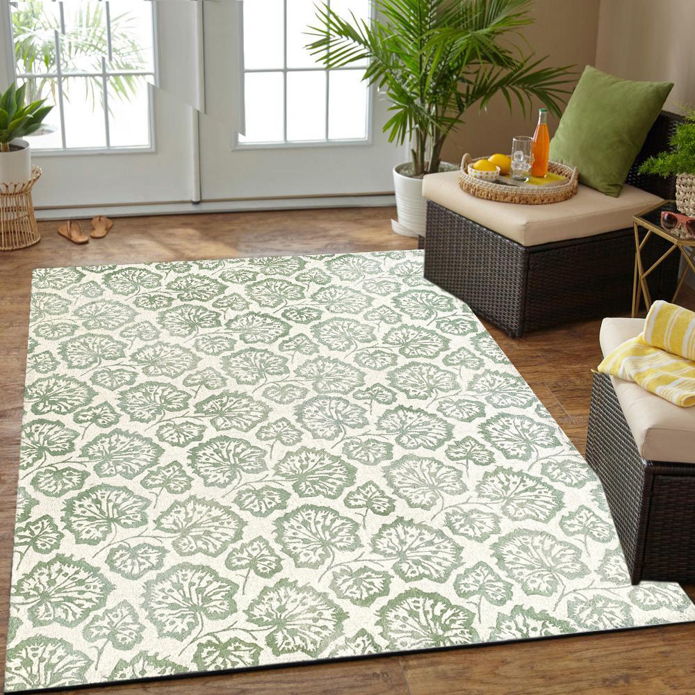 Hand Tufted Ivory Wool Rug, Green Floral Looped Pile (5X8)