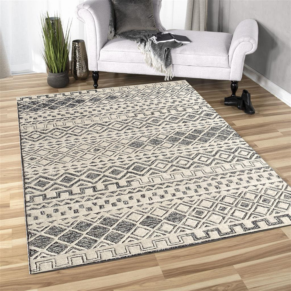 5x8 ft Hand-Tufted Geometric Tribal Rug | Ivory & Charcoal Grey