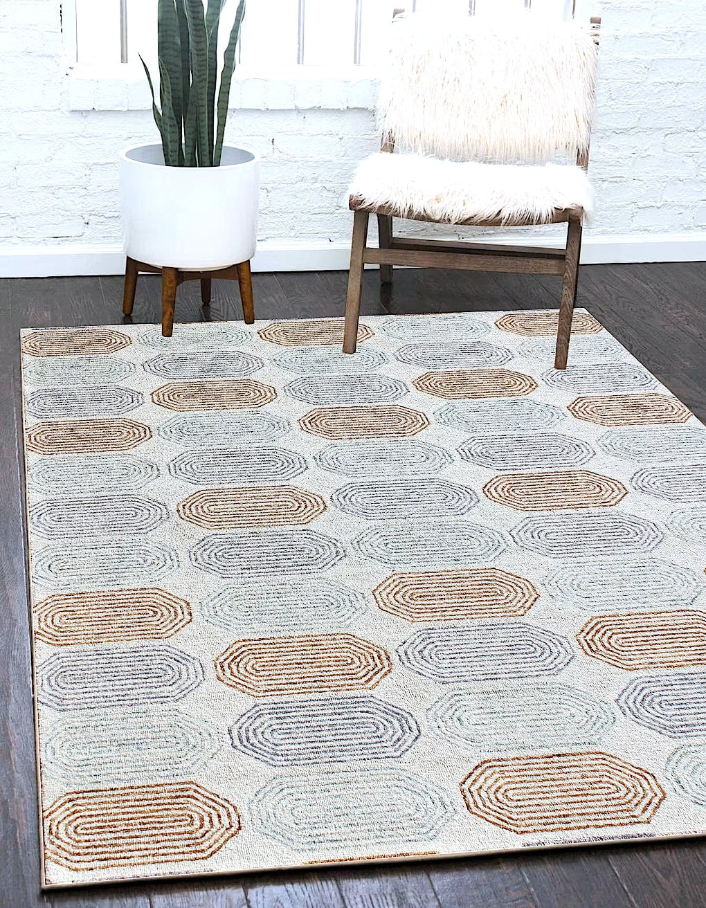 Hand Tufted 5X8 8X10   Ivory Multi wool  geometric pattern lopped pile modern rug.