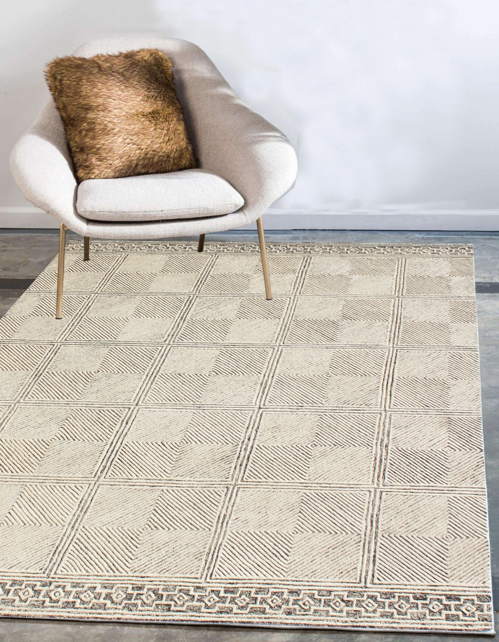 Hand Tufted Ivory Wool Rug, Geometric Modern Minimalist Design