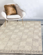 Hand Tufted Ivory Wool Rug, Geometric Modern Minimalist Design