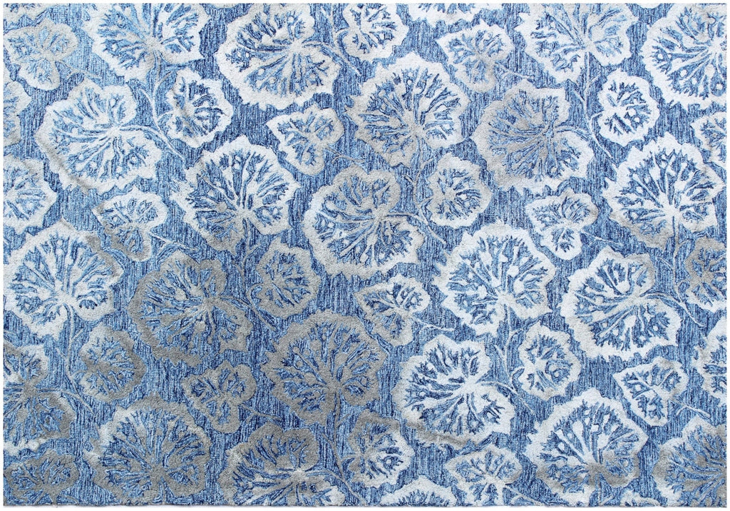 5X8 Hand Tufted Denim Blue Wool Rug, Floral Damask Design