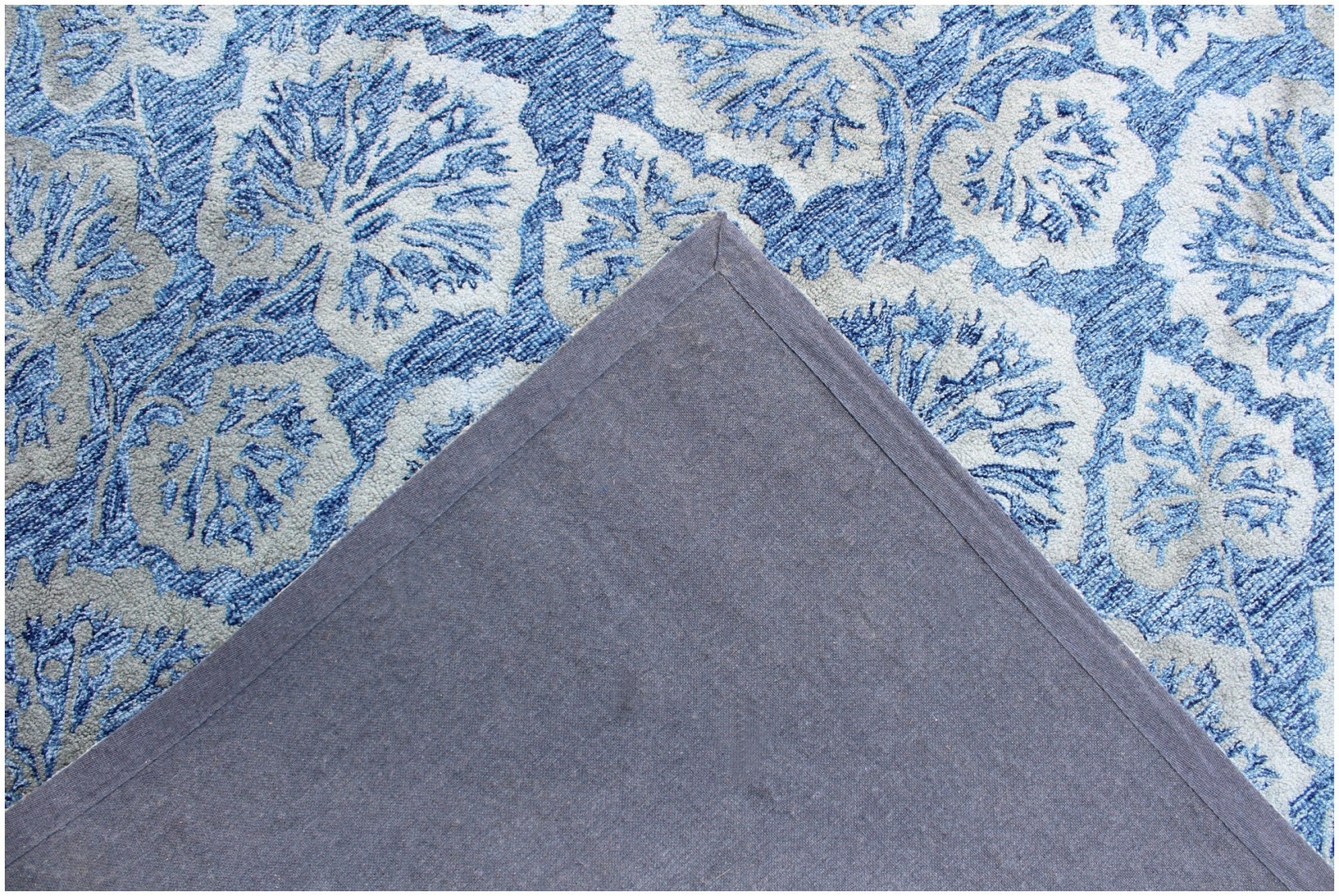 5X8 Hand Tufted Denim Blue Wool Rug, Floral Damask Design