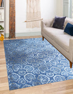 5X8 Hand Tufted Denim Blue Wool Rug, Floral Damask Design