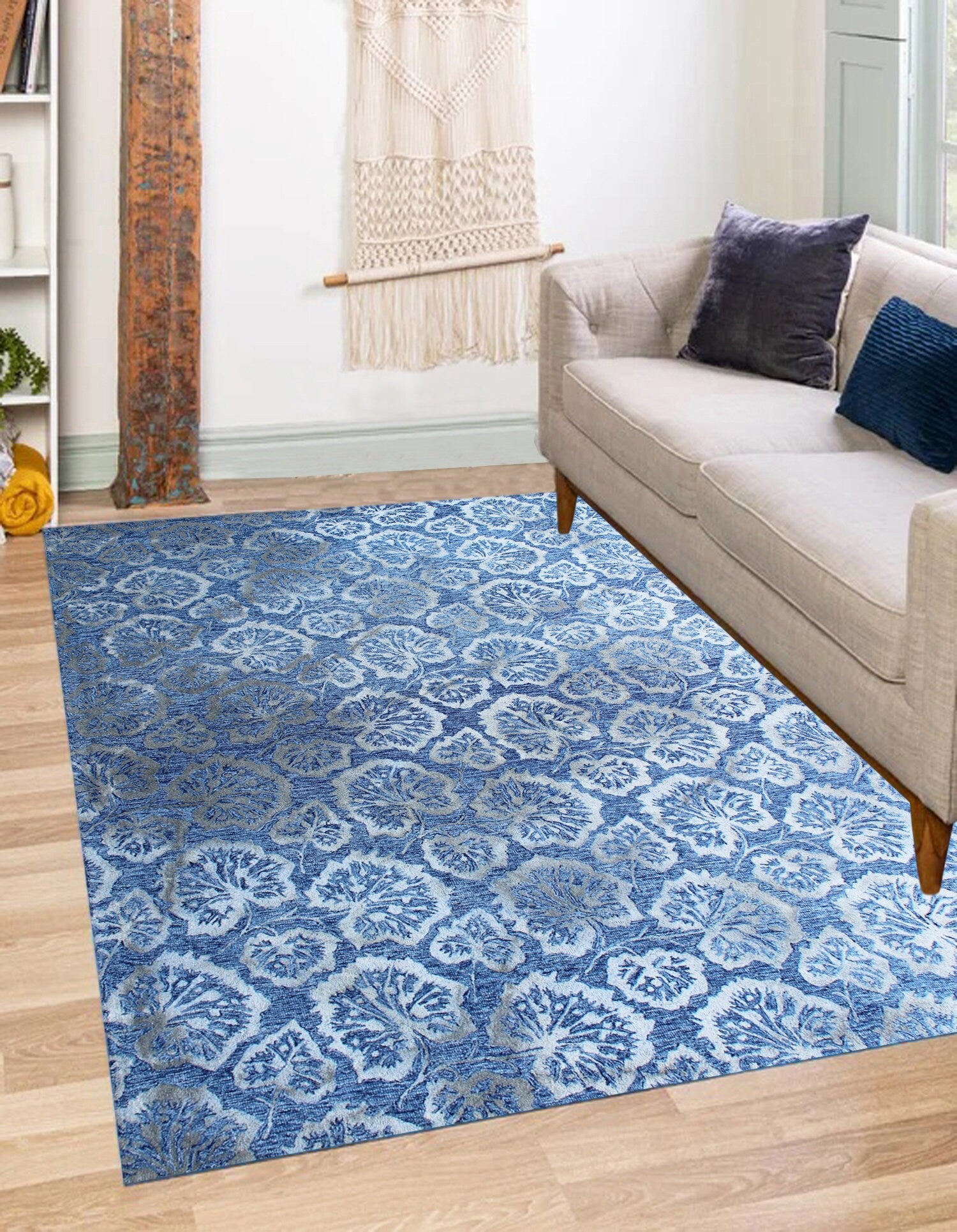5X8 Hand Tufted Denim Blue Wool Rug, Floral Damask Design