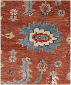Hand-Knotted Oushak Wool Rug – Terracotta & Slate Blue Oriental Decor