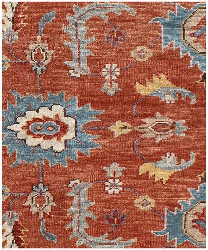 Hand-Knotted Oushak Wool Rug – Terracotta & Slate Blue Oriental Decor