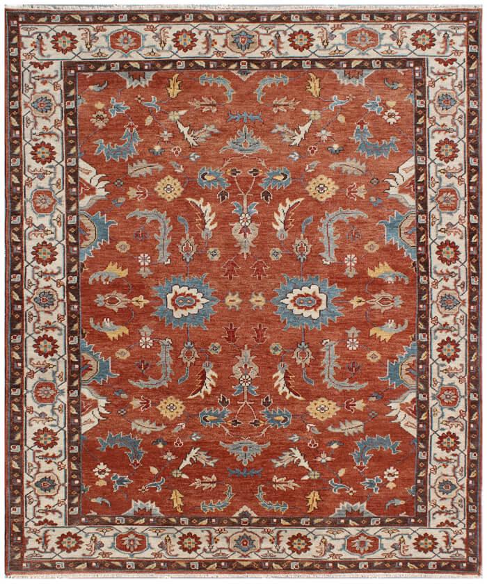 Hand-Knotted Oushak Wool Rug – Terracotta & Slate Blue Oriental Decor