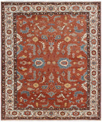 Hand-Knotted Oushak Wool Rug – Terracotta & Slate Blue Oriental Decor