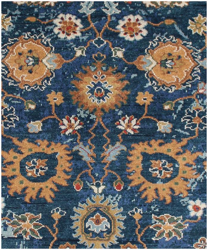 10x14 ft Hand-Knotted Indigo & Ochre Floral Wool Rug - 8x10 ft, 9x12 ft Modern Oushak Style