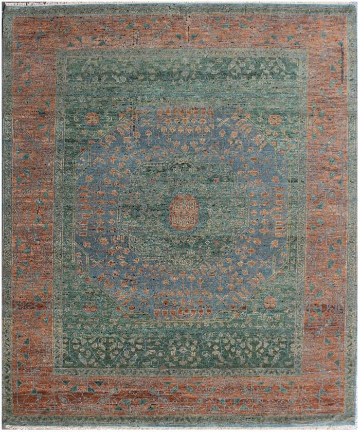 Antique-Inspired Mamluk Hand-Knotted Wool Rug – Sage & Terracotta