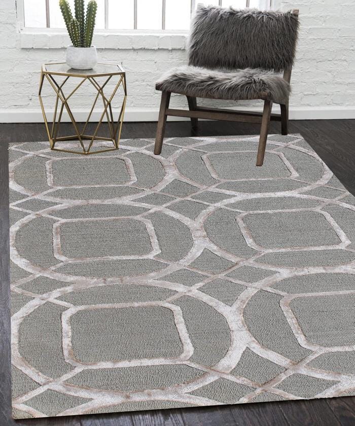 Hand Tufted 5X8, 8X11 Silver, Charcoal & Green wool and viscose  geometric pattern modern rug for living room, bedroom and dining room
