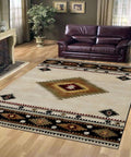 Hand Tufted 5X8 and 8X11 Ivory Black Wool Tribal pattern rug for living room, bedroom and dining room
