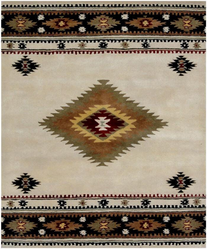 Hand Tufted 5X8 and 8X11 Ivory Black Wool Tribal pattern rug for living room, bedroom and dining room