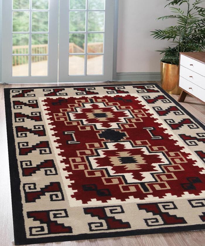 Hand Tufted 5X8 and 8X11 Red Beige Wool Pile Navajo rug for living room
