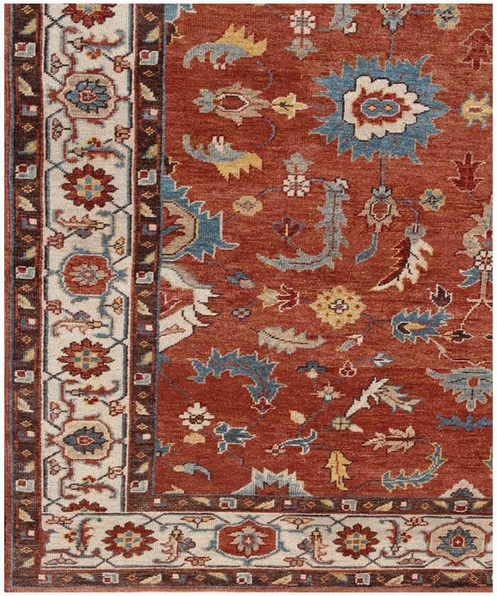 Hand-Knotted Oushak Wool Rug – Terracotta & Slate Blue Oriental Decor