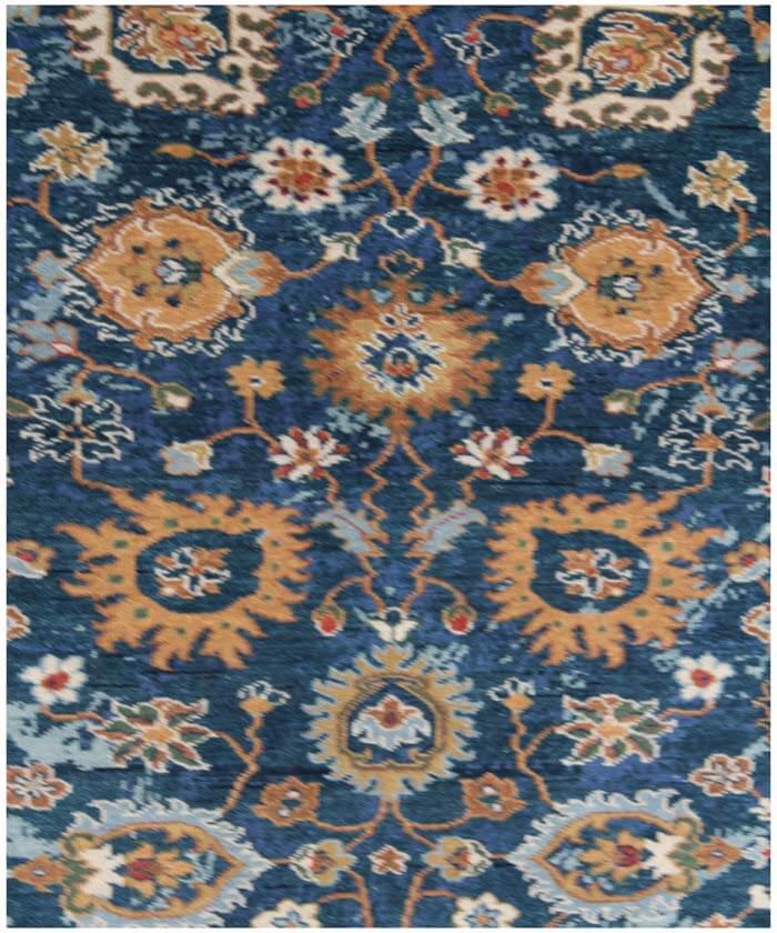 10x14 ft Hand-Knotted Indigo & Ochre Floral Wool Rug - 8x10 ft, 9x12 ft Modern Oushak Style