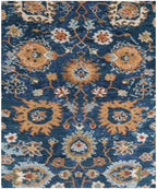 10x14 ft Hand-Knotted Indigo & Ochre Floral Wool Rug - 8x10 ft, 9x12 ft Modern Oushak Style