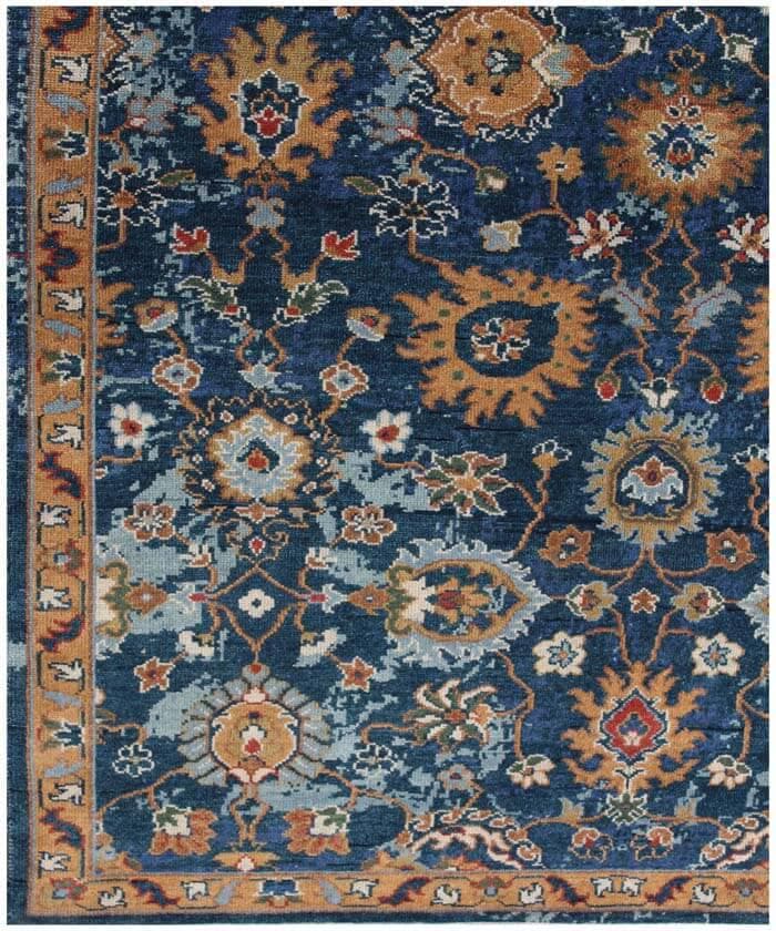 10x14 ft Hand-Knotted Indigo & Ochre Floral Wool Rug - 8x10 ft, 9x12 ft Modern Oushak Style