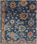 10x14 ft Hand-Knotted Indigo & Ochre Floral Wool Rug - 8x10 ft, 9x12 ft Modern Oushak Style