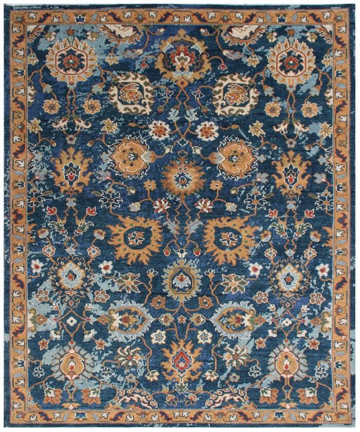10x14 ft Hand-Knotted Indigo & Ochre Floral Wool Rug - 8x10 ft, 9x12 ft Modern Oushak Style