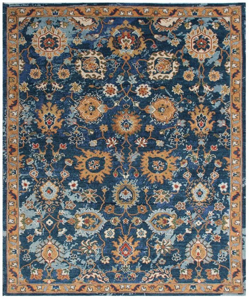 10x14 ft Hand-Knotted Indigo & Ochre Floral Wool Rug - 8x10 ft, 9x12 ft Modern Oushak Style