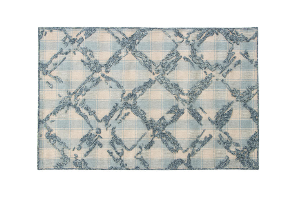 Coastal Gingham Hand-Tufted Rug | Blue & Cream High Low Textured Plaid Area Rug