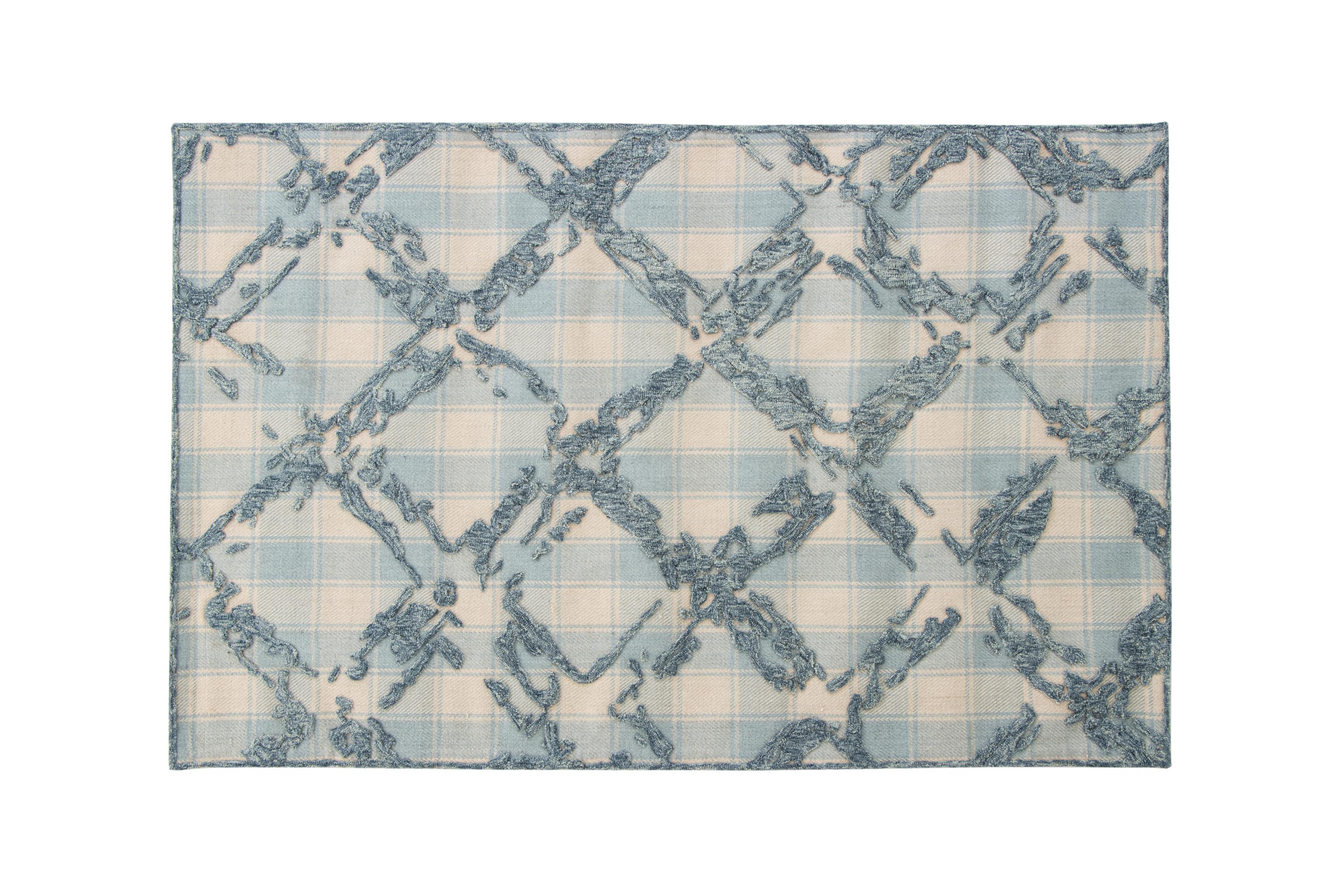 Coastal Gingham Hand-Tufted Rug | Blue & Cream High Low Textured Plaid Area Rug