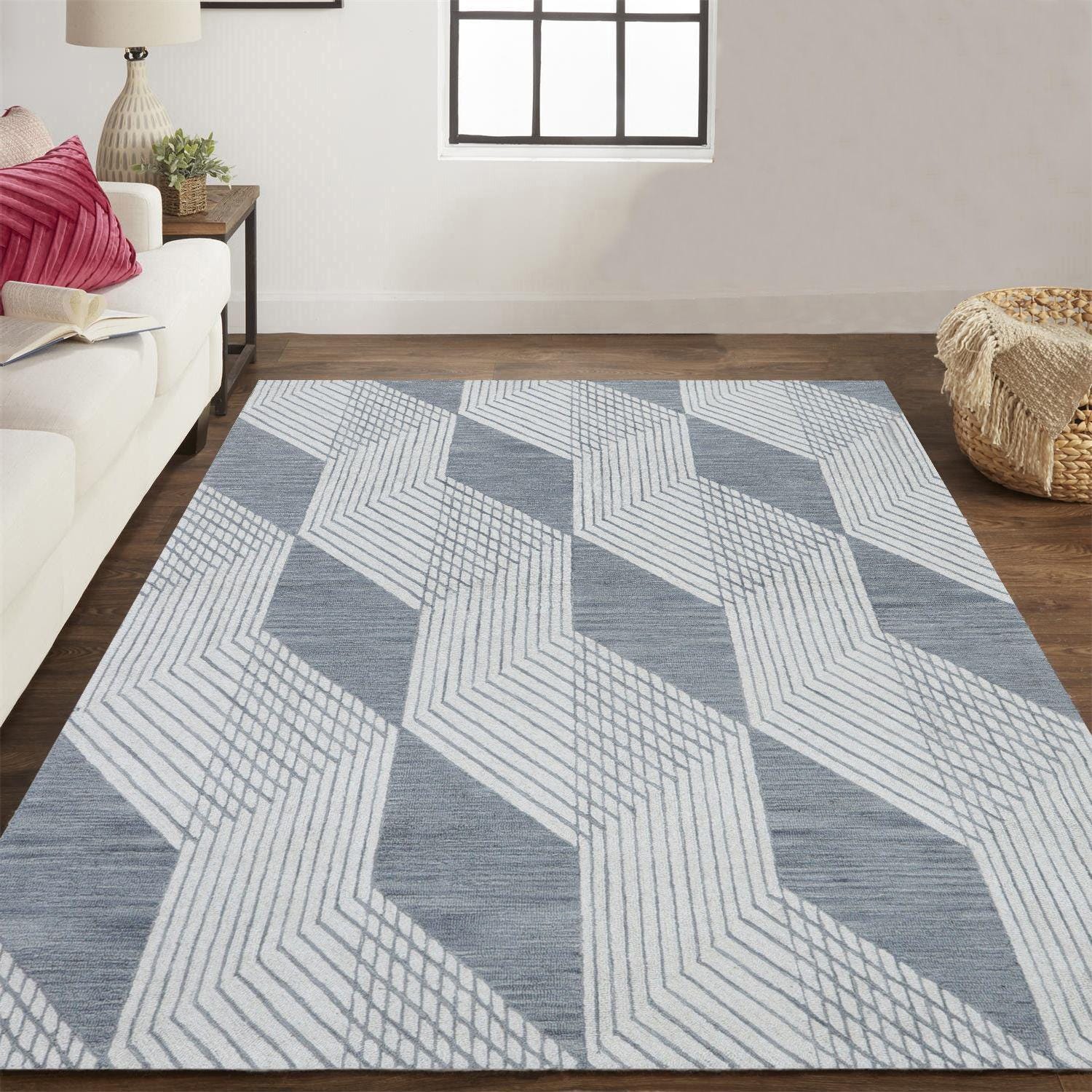 Modern Geometric Hand-Tufted Area Rug – Blue & Ivory Wool Blend Rug for Living Room