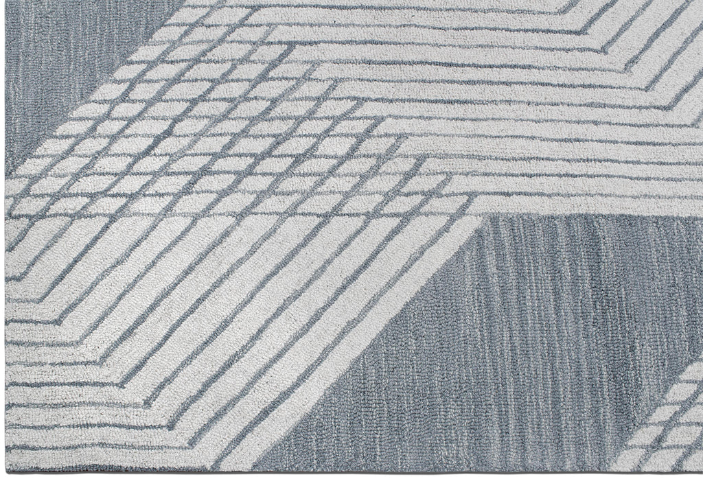 Modern Geometric Hand-Tufted Area Rug – Blue & Ivory Wool Blend Rug for Living Room