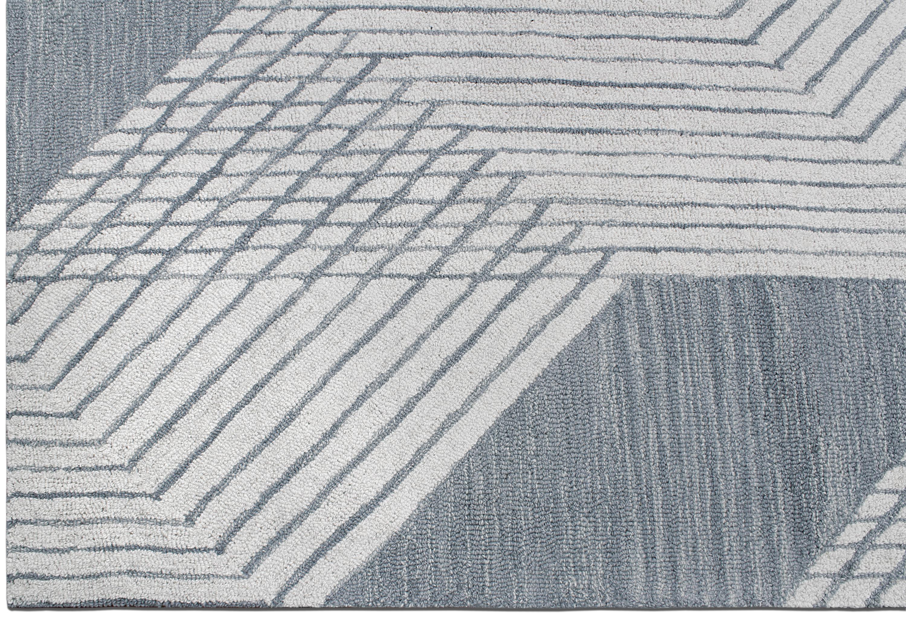 Modern Geometric Hand-Tufted Area Rug – Blue & Ivory Wool Blend Rug for Living Room