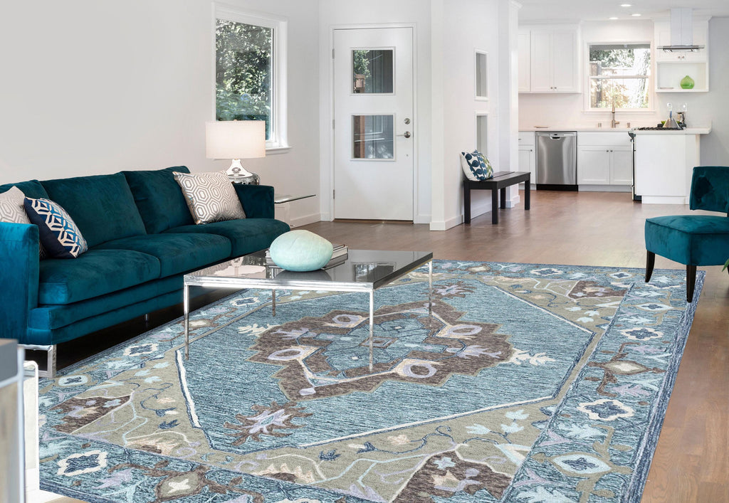 5x8 ft Serene Heritage Hand-Tufted Wool Rug | 8x10 ft Dusty Blue & Sage Medallion