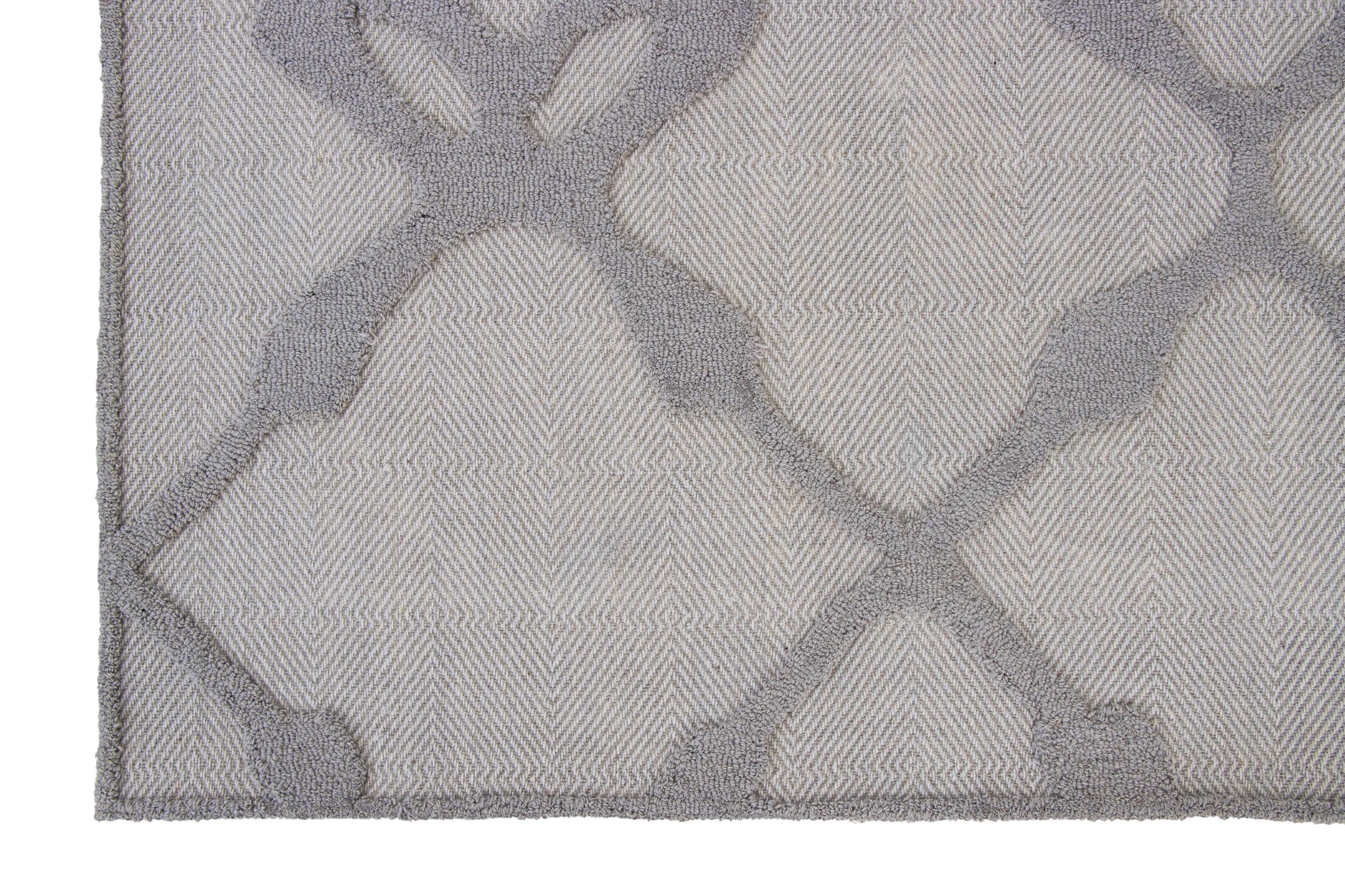 No tariff Hand Tufted 5X8  8X10 Grey Grey  wool  geometric modern rug with high low texture,  for living room, bedroom and dining room