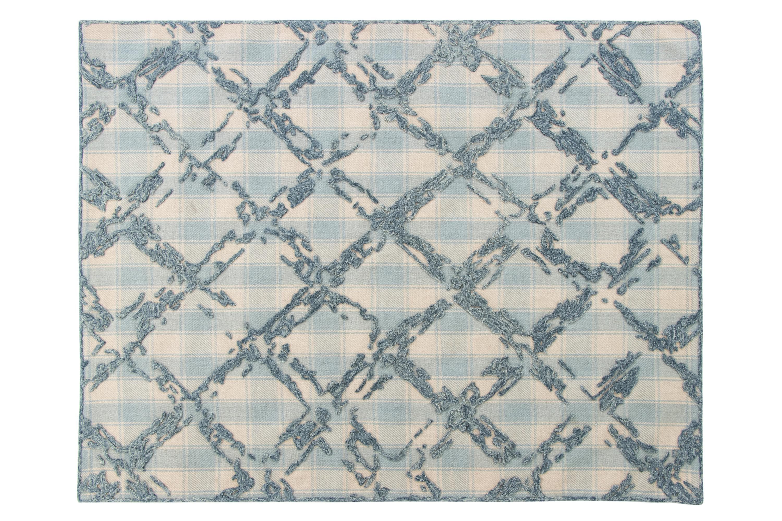 Coastal Gingham Hand-Tufted Rug | Blue & Cream High Low Textured Plaid Area Rug